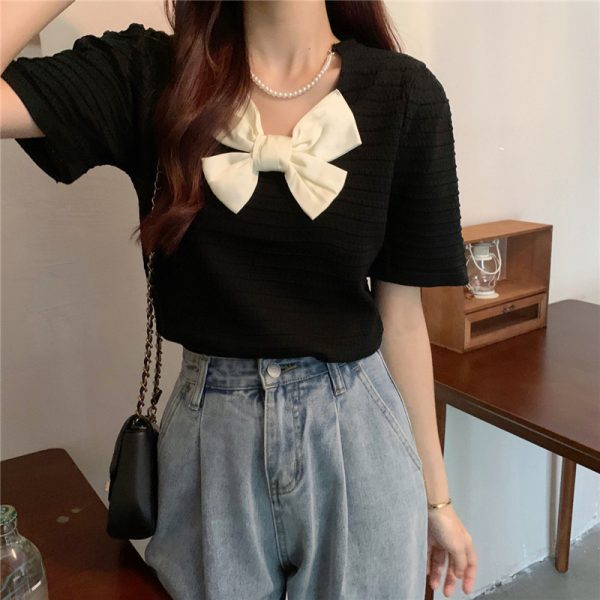 ⁦Sweet Turtleneck Round Neck Pearl Accessories Short Sleeve Sweater Bowknot Top Women⁩ - الصورة ⁦3⁩