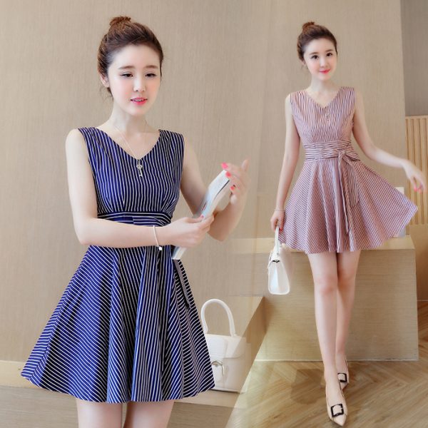Women V-neck Tank Top Skirt Striped Dress