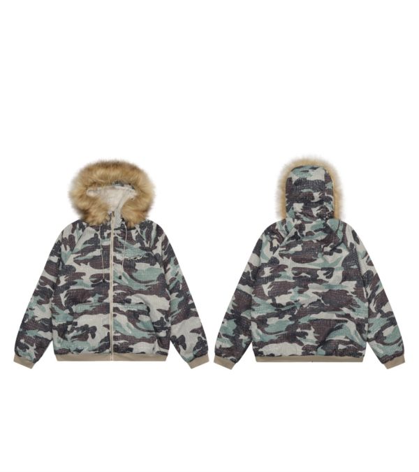 ⁦American Vintage Army Green Camouflage Fur Collar Hood Jacket⁩ - الصورة ⁦6⁩