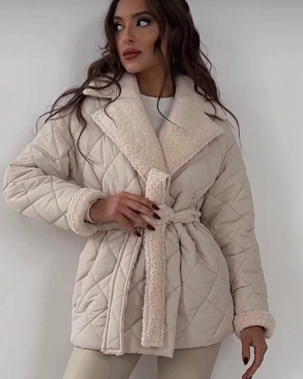 ⁦Winter Lapel Plaid Coat Fashion All-match Waist-tied Design Coat For Women Outwear Clothing⁩ - الصورة ⁦4⁩