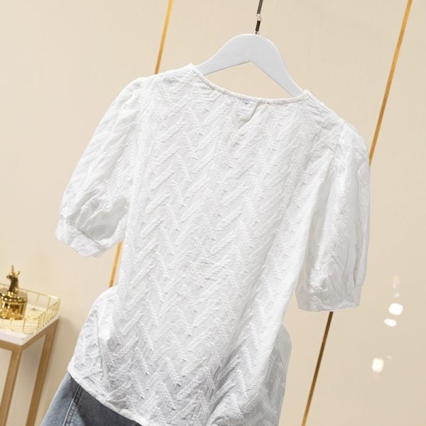 ⁦Cotton Embroidered Puff Sleeve Shirt Tops Women White Ladies Shirts⁩ - الصورة ⁦6⁩