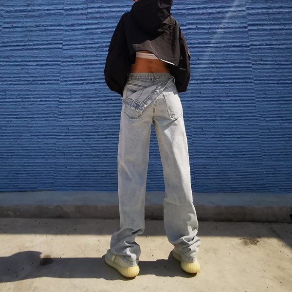⁦Street Personality Button High Waist Straight Wide Leg Jeans Women⁩ - الصورة ⁦3⁩