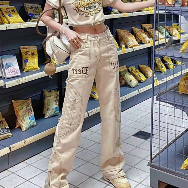 ⁦Vintage Embroidered Zip Fly Khaki Jeans For Women⁩ - الصورة ⁦6⁩
