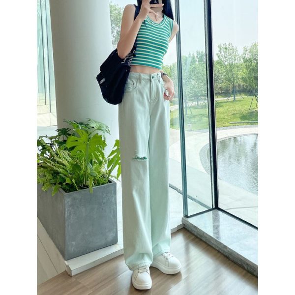 ⁦Summer Thin Mint Green Ripped Wide-leg Jeans For Women High Waist Loose Slim Straight Pants⁩ - الصورة ⁦3⁩