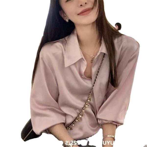 ⁦Women's Summer Design Sense Niche Acetate Satin Salt Shirt⁩ - الصورة ⁦5⁩