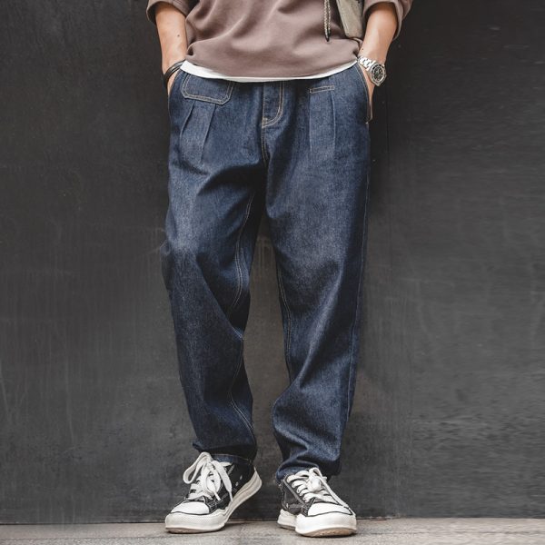 ⁦Vintage Denim Washed Elastic Waist Loose Jeans Cityboy Wide Leg Tapered Pants Men⁩ - الصورة ⁦2⁩