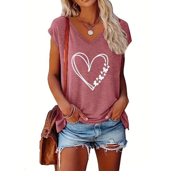⁦2-Pack Women's V-Neck T-Shirts Floral & Heart Print, Soft Breathable Summer Tops, Casual Streetwear⁩ - الصورة ⁦3⁩