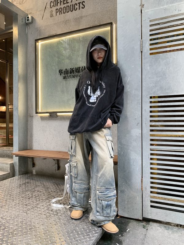 ⁦Street Work Design Jeans Pocket Stitching Wide-leg Pants Women⁩ - الصورة ⁦2⁩