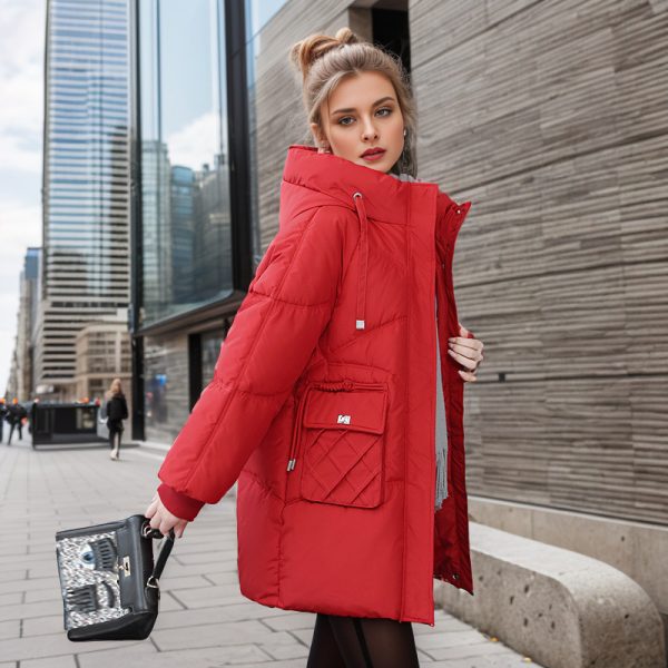 ⁦Winter Warm Hooded Coat With Pockets Fashion Solid Color Thicken Straight Cotton Jacket For Women Outerwear Clothing⁩ - الصورة ⁦2⁩
