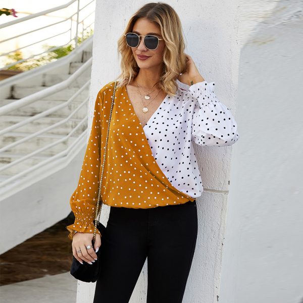 ⁦Women's Patchwork Polka Dot Long Sleeve Top Casual Shirt⁩ - الصورة ⁦2⁩