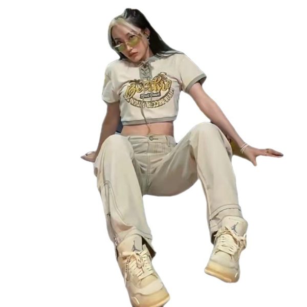 ⁦Vintage Embroidered Zip Fly Khaki Jeans For Women⁩ - الصورة ⁦3⁩