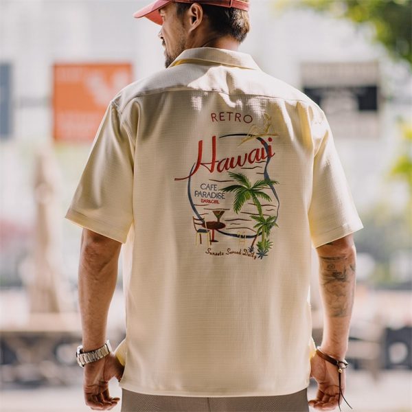 ⁦Bamboo Pattern Cuban Collar Shirt For Men⁩ - الصورة ⁦4⁩