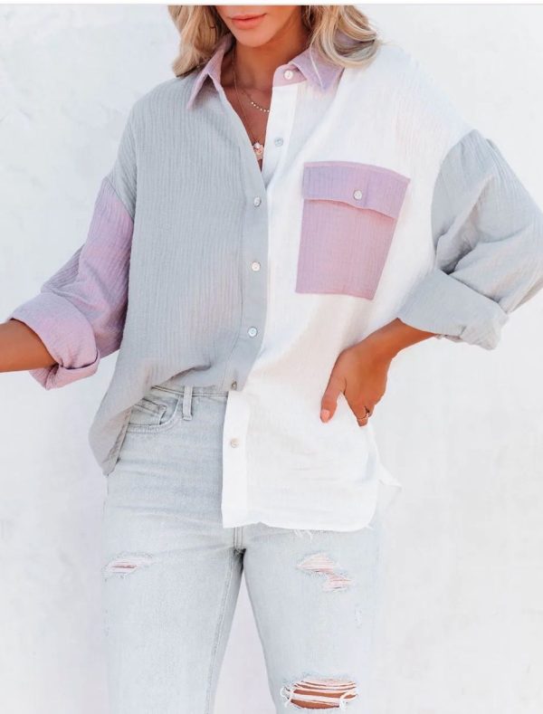 ⁦Fashion Multicolor Patchwork Long Sleeve Cardigan Women's Shirts⁩ - الصورة ⁦4⁩