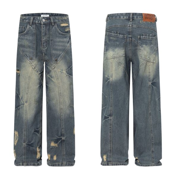 ⁦Straight Jeans Loose Distressed Retro Long Pants⁩ - الصورة ⁦2⁩