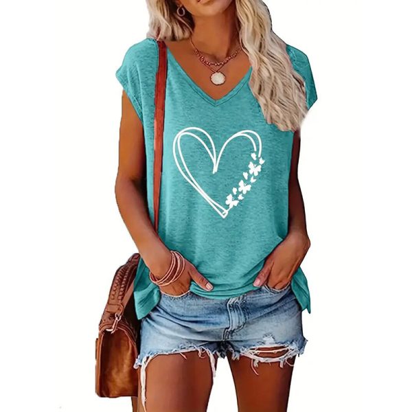 ⁦2-Pack Women's V-Neck T-Shirts Floral & Heart Print, Soft Breathable Summer Tops, Casual Streetwear⁩ - الصورة ⁦4⁩