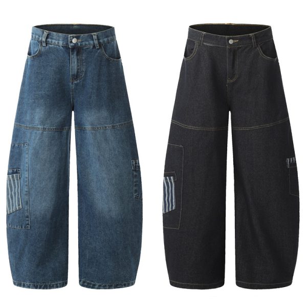 ⁦American Style Vintage Stripe Pocket Stitching Machete Jeans For Men And Women⁩ - الصورة ⁦4⁩