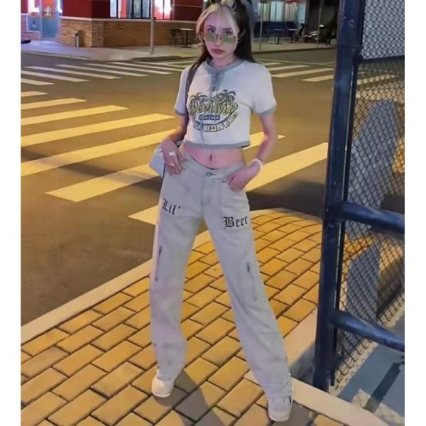 ⁦Vintage Embroidered Zip Fly Khaki Jeans For Women⁩ - الصورة ⁦2⁩