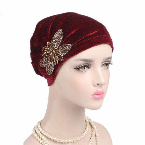 ⁦Beaded Flower Accessories Turban Hat Velvet Pleated Hood⁩ - الصورة ⁦6⁩
