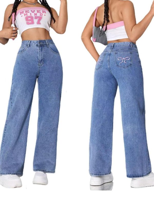 ⁦Vintage Bow Embroidered Washed Jeans For Women Straight Loose Trousers⁩ - الصورة ⁦8⁩