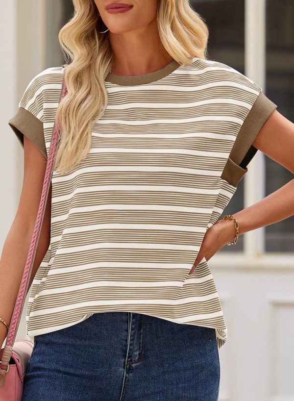 ⁦Women's Striped Short Sleeve T-Shirts Casual Loose Fit Color Block Crew Neck Summer Tops⁩ - الصورة ⁦6⁩