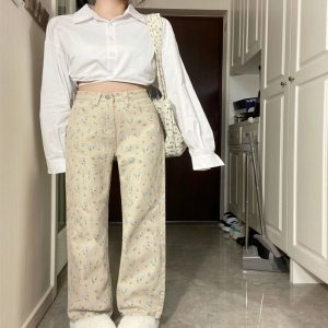 Apricot Floral Jeans Women Loose Wide-leg Straight Trousers
