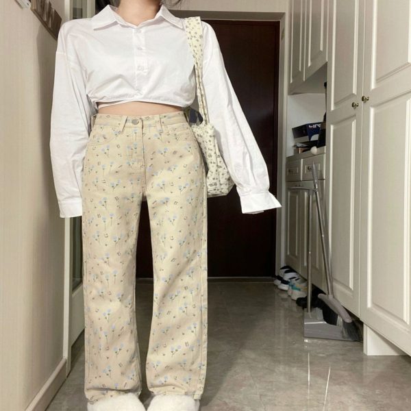 Apricot Floral Jeans Women Loose Wide-leg Straight Trousers