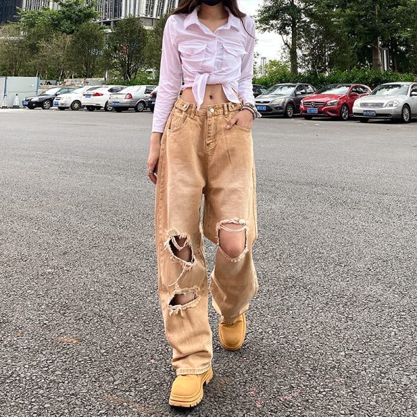 ⁦Vintage Washed Worn Khaki Ripped Jeans Women⁩ - الصورة ⁦2⁩