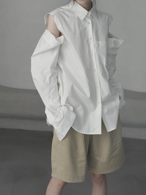 ⁦Autumn New Design Sense Off-shoulder Frayed Lapel White Shirt⁩ - الصورة ⁦4⁩