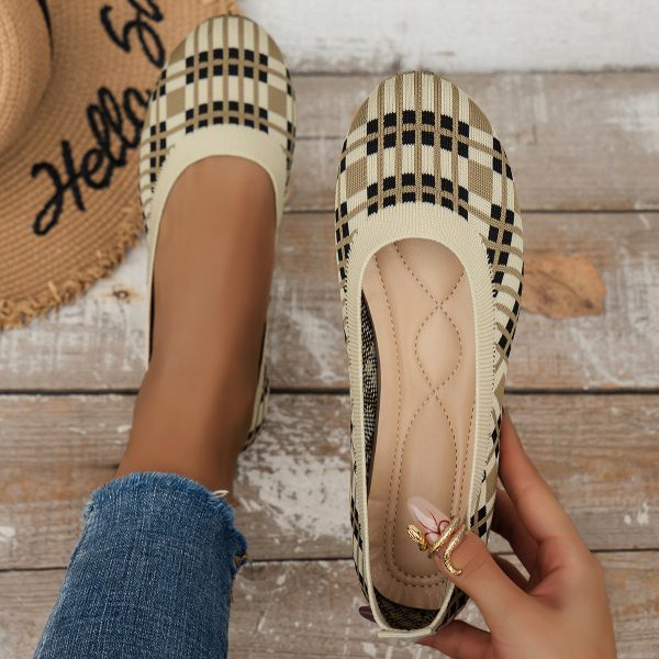 ⁦Fashion Plaid Print Flats Shoes New Fashion Casual Breathable Slip On Round-toe Mesh Shoes For Women⁩ - الصورة ⁦3⁩