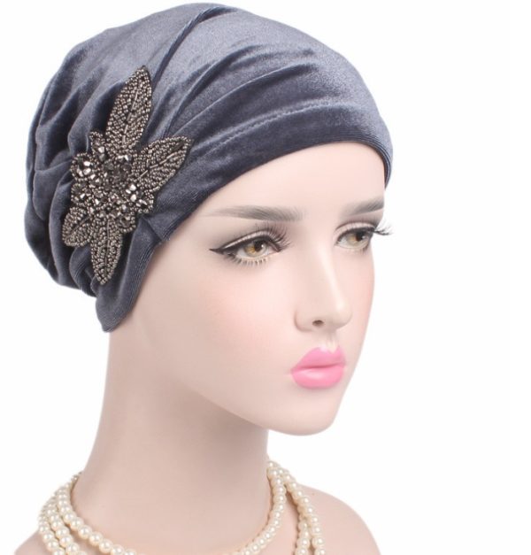 ⁦Beaded Flower Accessories Turban Hat Velvet Pleated Hood⁩ - الصورة ⁦9⁩