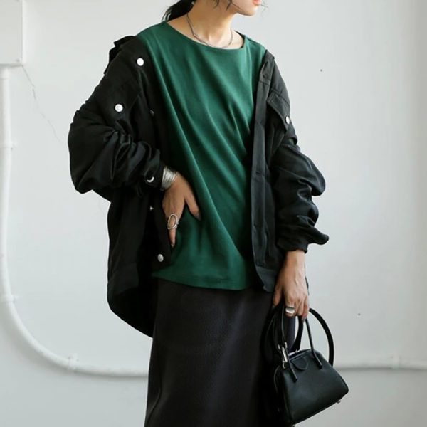 ⁦Autumn Women's Long-sleeved T-shirt Solid Color Loose Top⁩ - الصورة ⁦2⁩