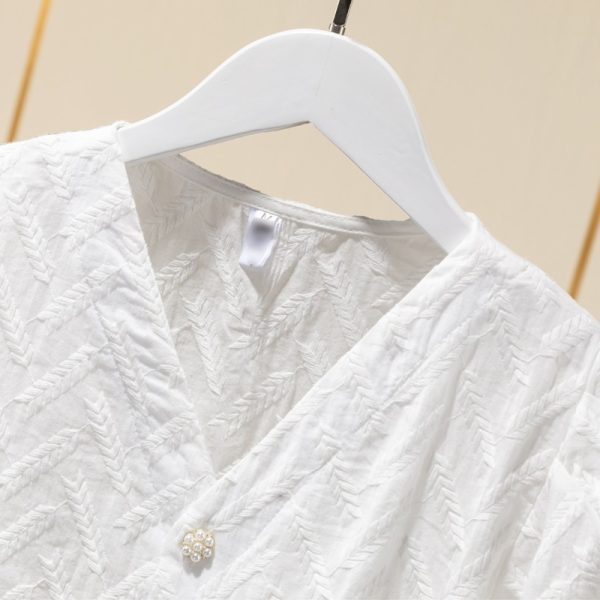 ⁦Cotton Embroidered Puff Sleeve Shirt Tops Women White Ladies Shirts⁩ - الصورة ⁦3⁩