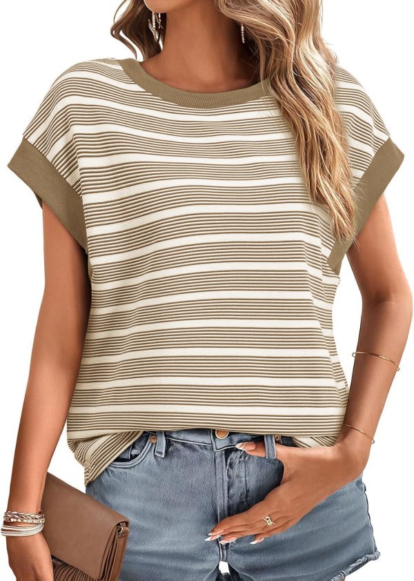 ⁦Women's Striped Short Sleeve T-Shirts Casual Loose Fit Color Block Crew Neck Summer Tops⁩ - الصورة ⁦5⁩