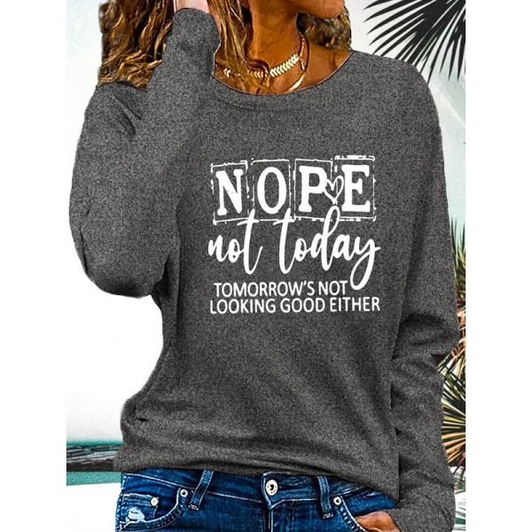 ⁦Womens Nope Not Today T Shirt Casual Funny Letter Printed Crew Neck Long Sleeve Shirts⁩ - الصورة ⁦6⁩