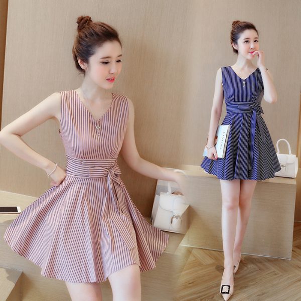 ⁦Women V-neck Tank Top Skirt Striped Dress⁩ - الصورة ⁦5⁩