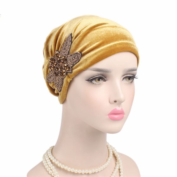 ⁦Beaded Flower Accessories Turban Hat Velvet Pleated Hood⁩ - الصورة ⁦4⁩