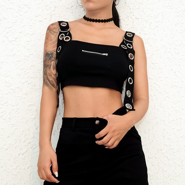 ⁦Black Tank Top Women Sleeveless Cropped Tops Tees Shirt Hollow Out Sexy Bustier Top Streetwear Summer⁩ - الصورة ⁦7⁩
