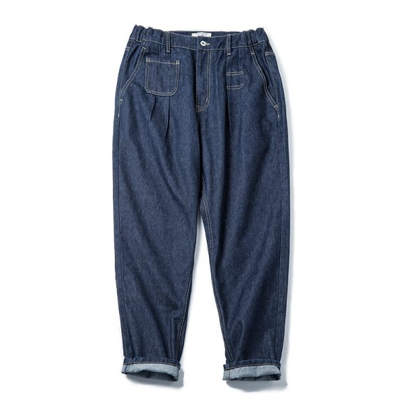 ⁦Vintage Denim Washed Elastic Waist Loose Jeans Cityboy Wide Leg Tapered Pants Men⁩ - الصورة ⁦5⁩