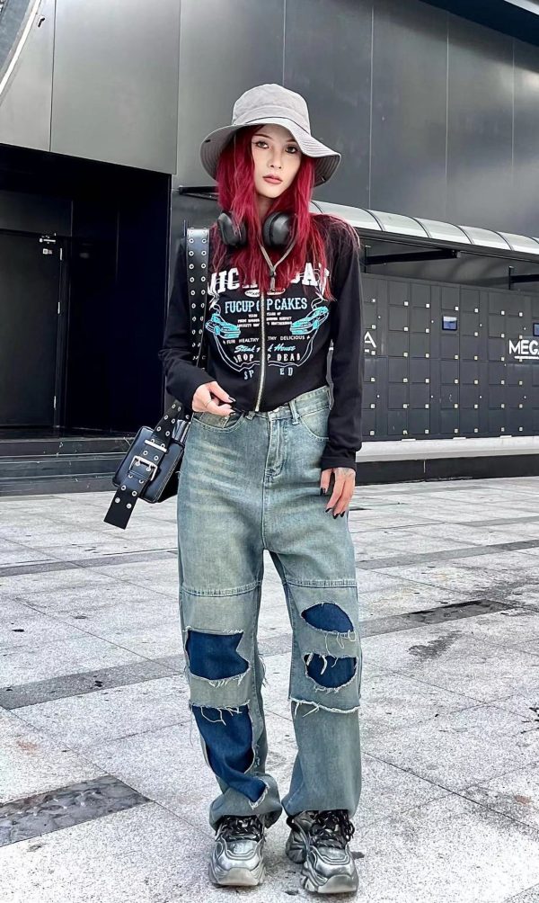 ⁦Women's Straight Pants Ripped Slimming Stitching Jeans⁩ - الصورة ⁦3⁩