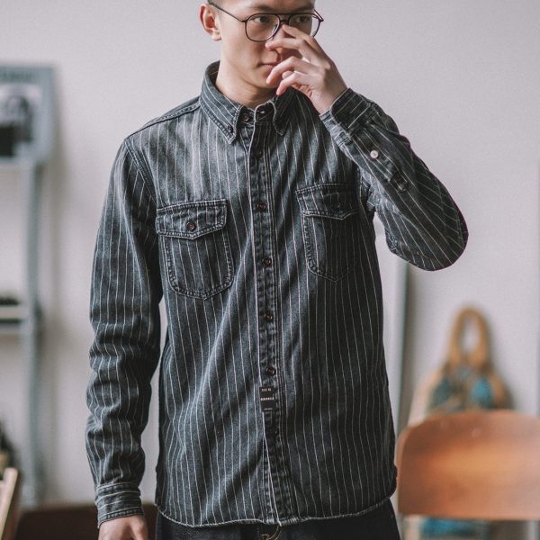 ⁦Vintage Vertical Stripes Denim Shirt Workwear Washed Old Long Sleeve Men⁩ - الصورة ⁦7⁩