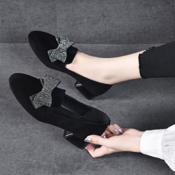 ⁦All-matching Round Toe Rhinestone Bow Leather Shoes⁩ - الصورة ⁦3⁩