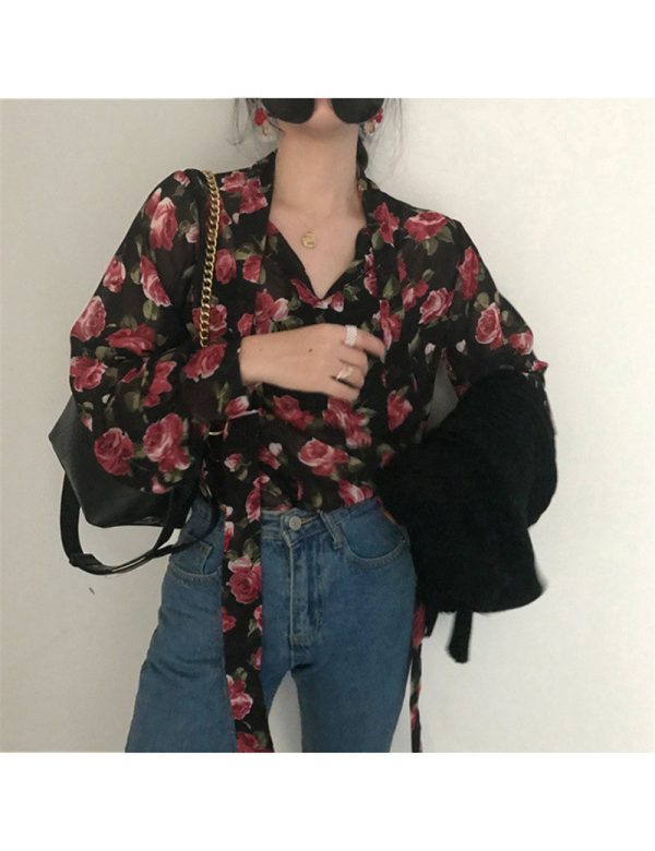 ⁦Women Retro Floral Chic Chiffon Spring Fall Fashion  Lace-up Design Soft Female Shirts Top Ins⁩ - الصورة ⁦4⁩