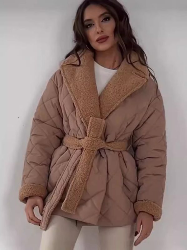 ⁦Winter Lapel Plaid Coat Fashion All-match Waist-tied Design Coat For Women Outwear Clothing⁩ - الصورة ⁦3⁩