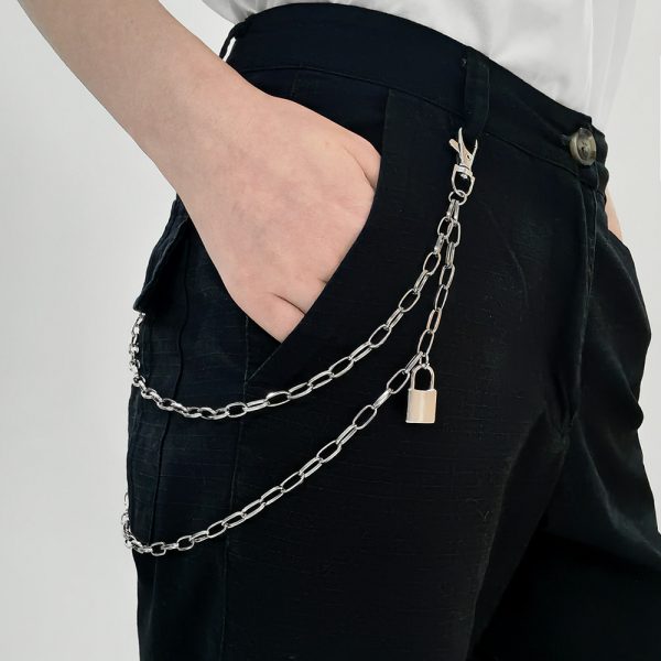 ⁦Double Metal Lockhead Chain Hip Hop Men And Women With Silver Punk Hollowed-out Chain Bundy Hip Hop Jeans Accessories⁩ - الصورة ⁦2⁩