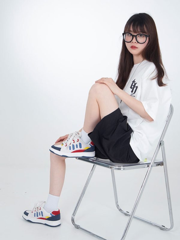 ⁦Suede White Blue Reddish Yellow Color Contrast Patchwork BAKE Men And Women Skateboard Shoes⁩ - الصورة ⁦2⁩