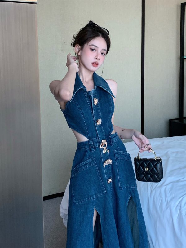 ⁦Women Spring Summer Sleeveless Dress Denim Outfits⁩ - الصورة ⁦3⁩