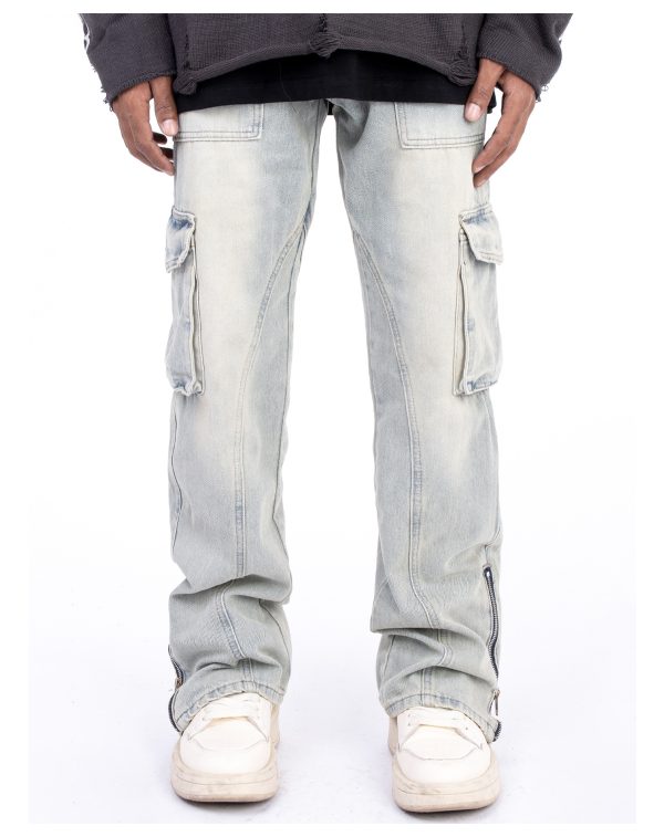 ⁦American Style Autumn And Winter Washed And Made Old Micro Elastic Jeans With Zipper Design At The Hem For Casual Pants⁩ - الصورة ⁦2⁩