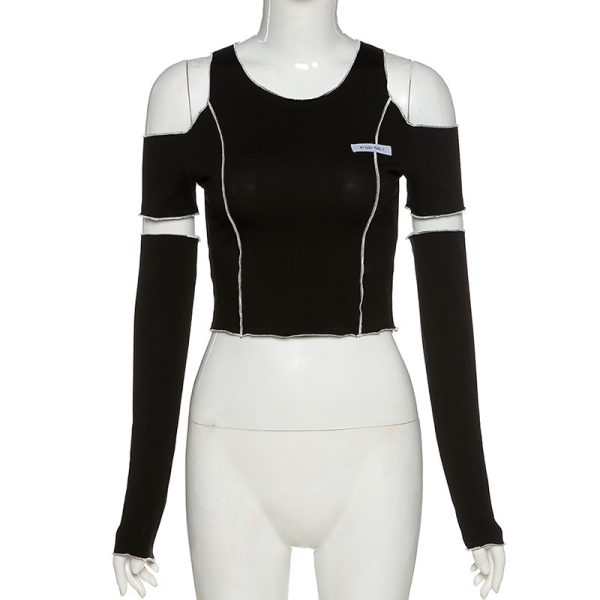 ⁦Women's Autumn And Winter Fashion Labeling Slim Round Neck Off-the-shoulder Short T-shirt For Women⁩ - الصورة ⁦10⁩