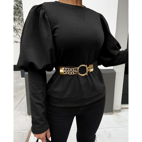 ⁦Women's Clothing Round Neck Puff Sleeve Solid Color Top T-shirt⁩ - الصورة ⁦3⁩