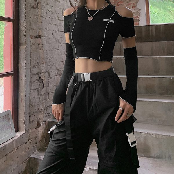 ⁦Women's Autumn And Winter Fashion Labeling Slim Round Neck Off-the-shoulder Short T-shirt For Women⁩ - الصورة ⁦7⁩
